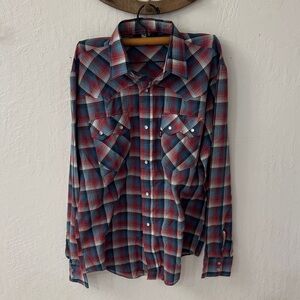 Levis Vintage Western Pearl Snap Button Shirt Mens L Blue Plaid Long Sleeve